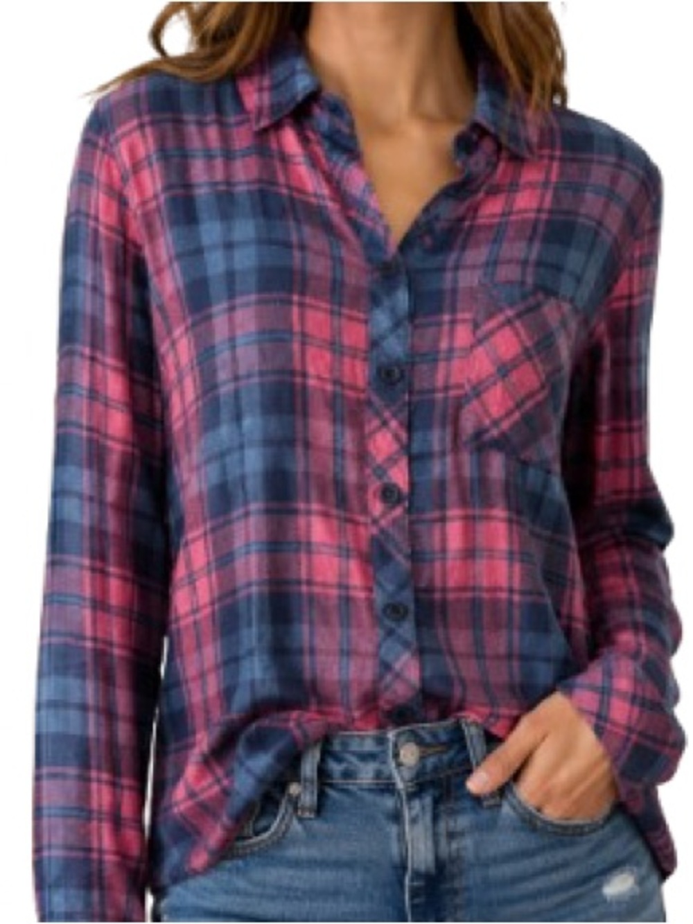 Rails Hunter Pink Blue Plaid Button Front Flannel Shirt XS 100% Rayon